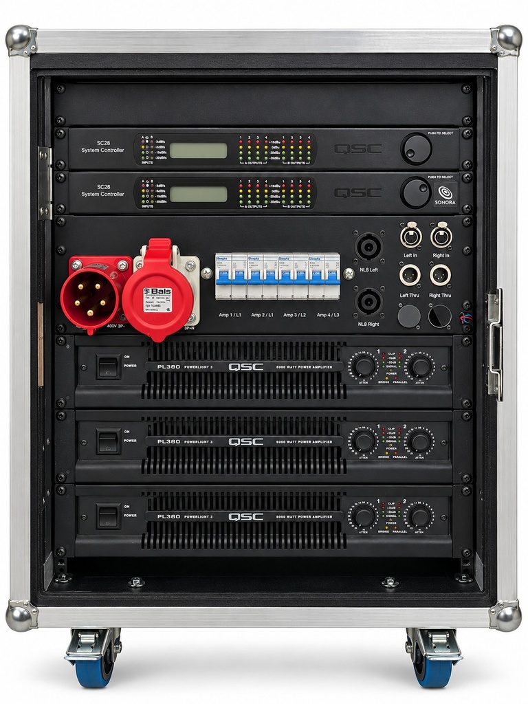 QSC Top Rack - Versterker rack met 2x SC28 DSP en 3x PL380 Versterker 32A 400V aansluiting