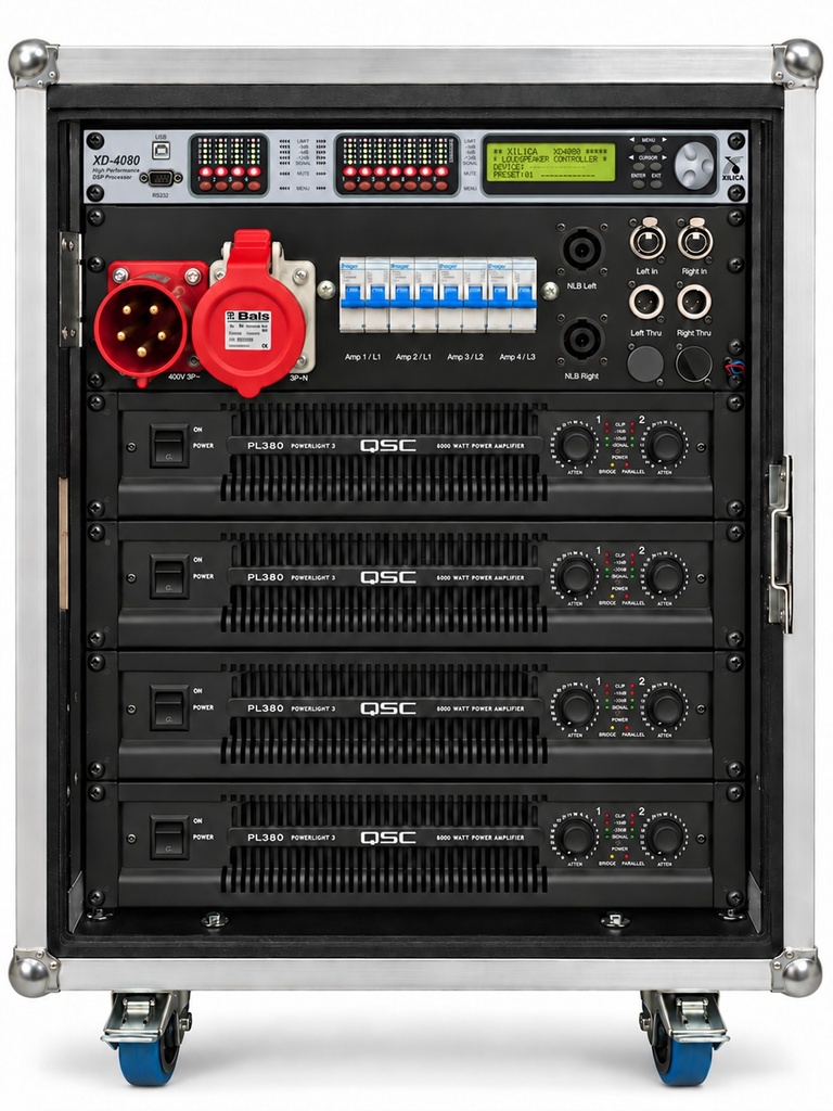 QSC Sub Rack - Versterker rack met Xilica XD4080 DSP en 4x PL380 Versterker 32A 400V aansluiting