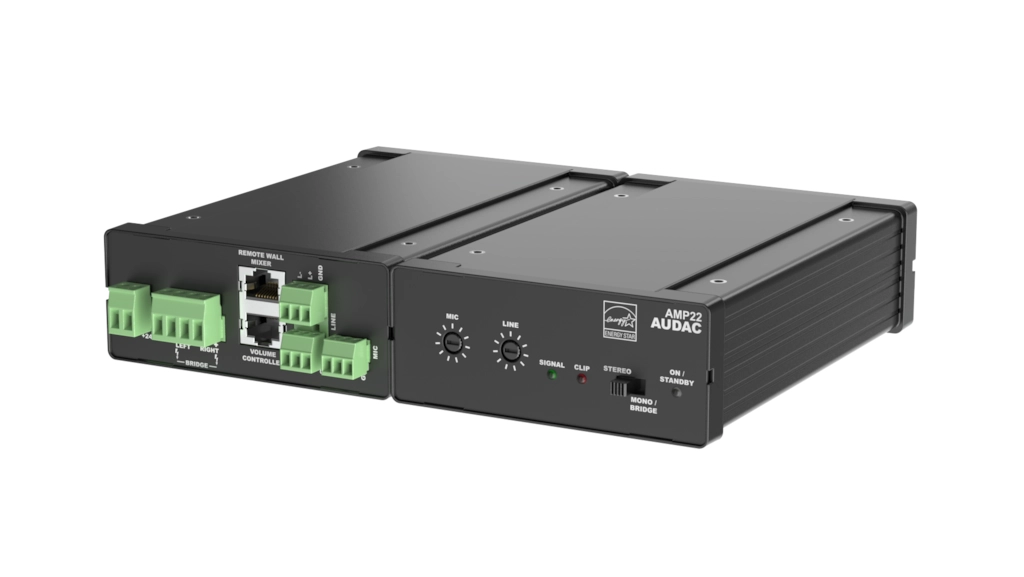 AUDAC - AMP22 - Mini stereo amplifier 2 x 15W - Balanced line & Mic + WP2xx Input