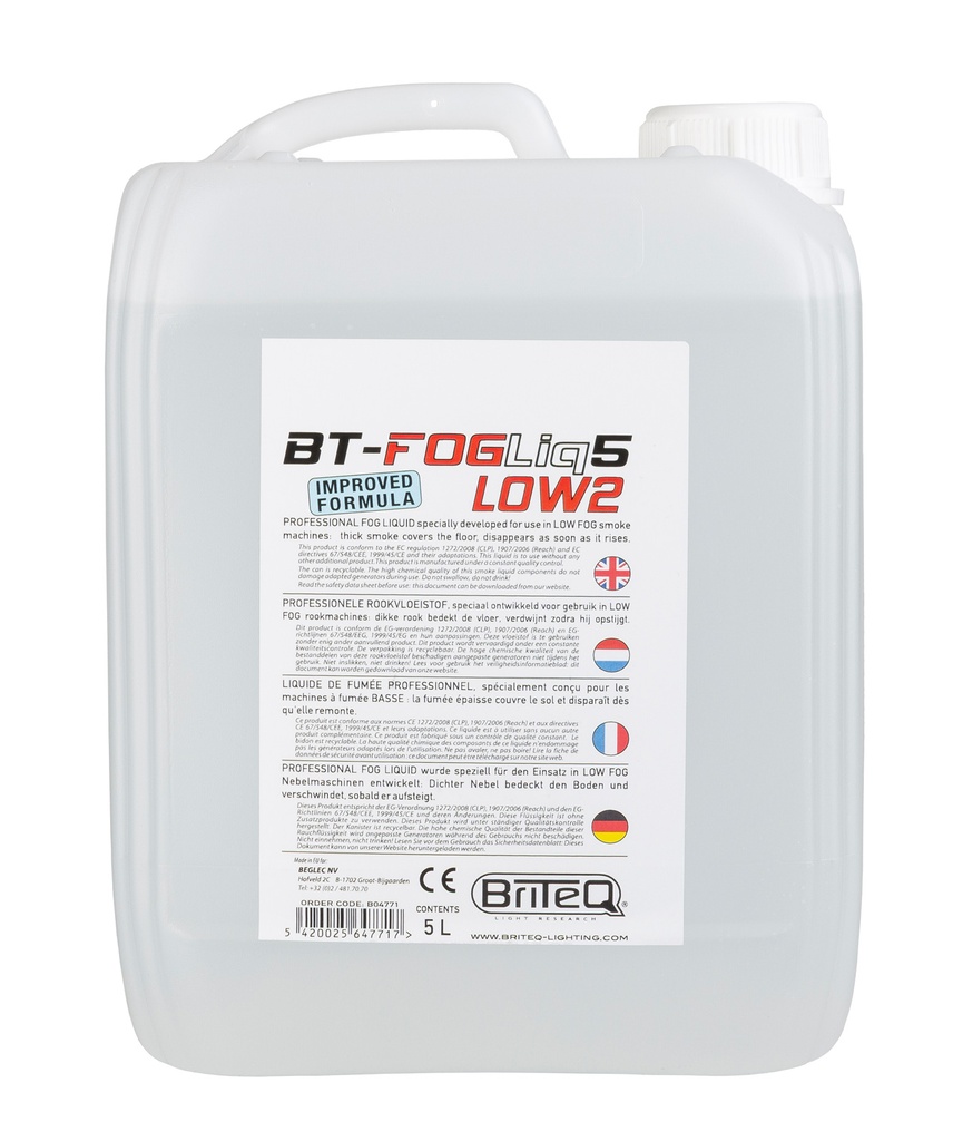 BRITEQ - BT-FOGLIQ5 LOW2 - This new and greatly improved smoke liquid is designed specifically for use in LOW FOG smoke machines
