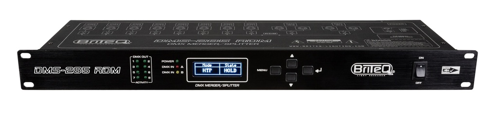 BRITEQ - DMS-285 RDM - DMX merger + splitter + Booster with RDM support, secures your DMX-installation with 100% electrical isolation between the 2 inputs and 8 outputs. Equipped with XLR-5pin.