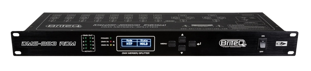 BRITEQ - DMS-283 RDM - DMX merger + splitter + Booster with RDM support, secures your DMX-installation with 100% electrical isolation between the 2 inputs and 8 outputs. Equipped with XLR-3pin.
