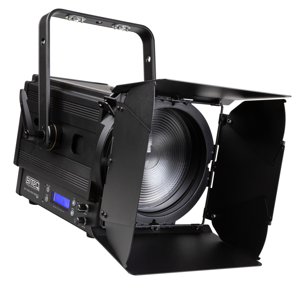 BRITEQ - BT-THEATRE 250EZ Mk3 - Very powerful 250Watt LED theater spot with motorized 11° to 58° zoom  and excellent very low noise cooling.  
Behaves like a halogen Fresnel, thanks to redshift / amber drift effect!