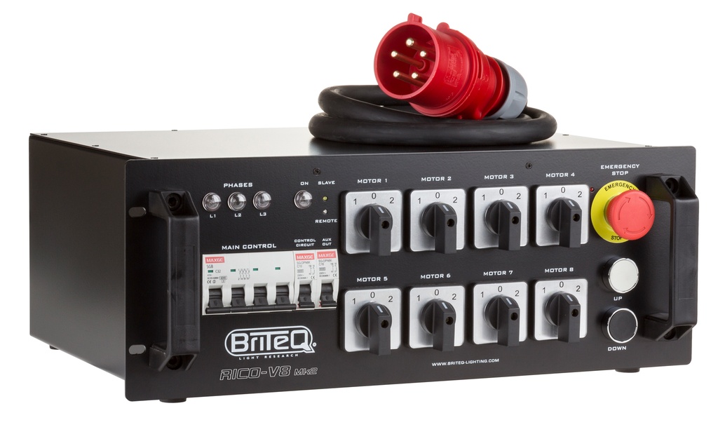 BRITEQ - RICO-V8 Mk2 - 8 channel direct control chain hoist motor controller with separate UP/DOWN-controls and master/slave linking