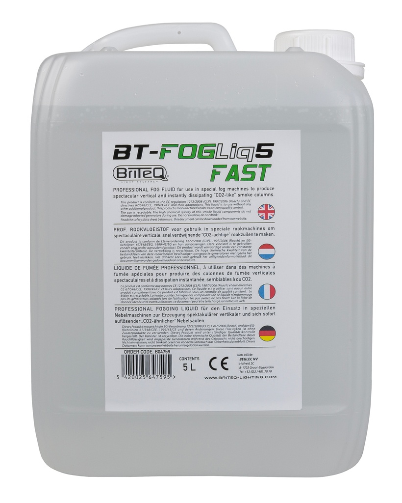BRITEQ - BT-FOGLIQ5 FAST - Specially developed smoke liquid for optimal simulation of CO2 jets in vertical smoke machines