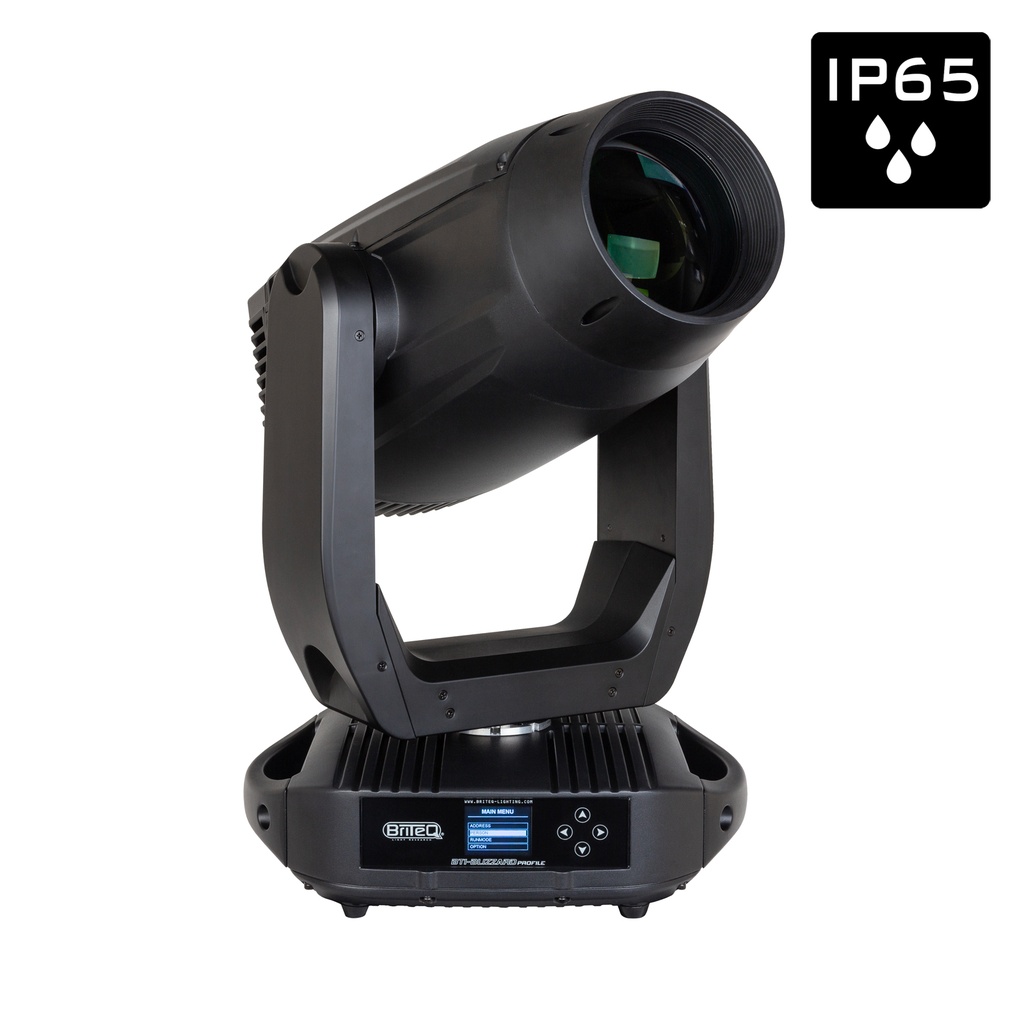 BRITEQ - BTI-BLIZZARD PROFILE - Powerful IP65 600W LED moving head equipped with full featured framing module, CMY, CTO, IRIS and much more...  Low noise operation: perfect for both indoor and outdoor use!