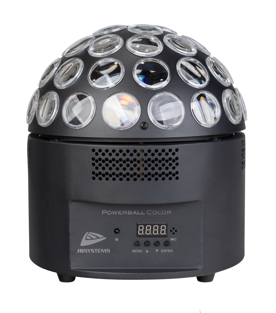 JB SYSTEMS - POWERBALL COLOR - Powerful 200W LED alternative to the classic mirror ball with pin spots!
Produces DMX, manual or sound controlled colorful spinning beams.