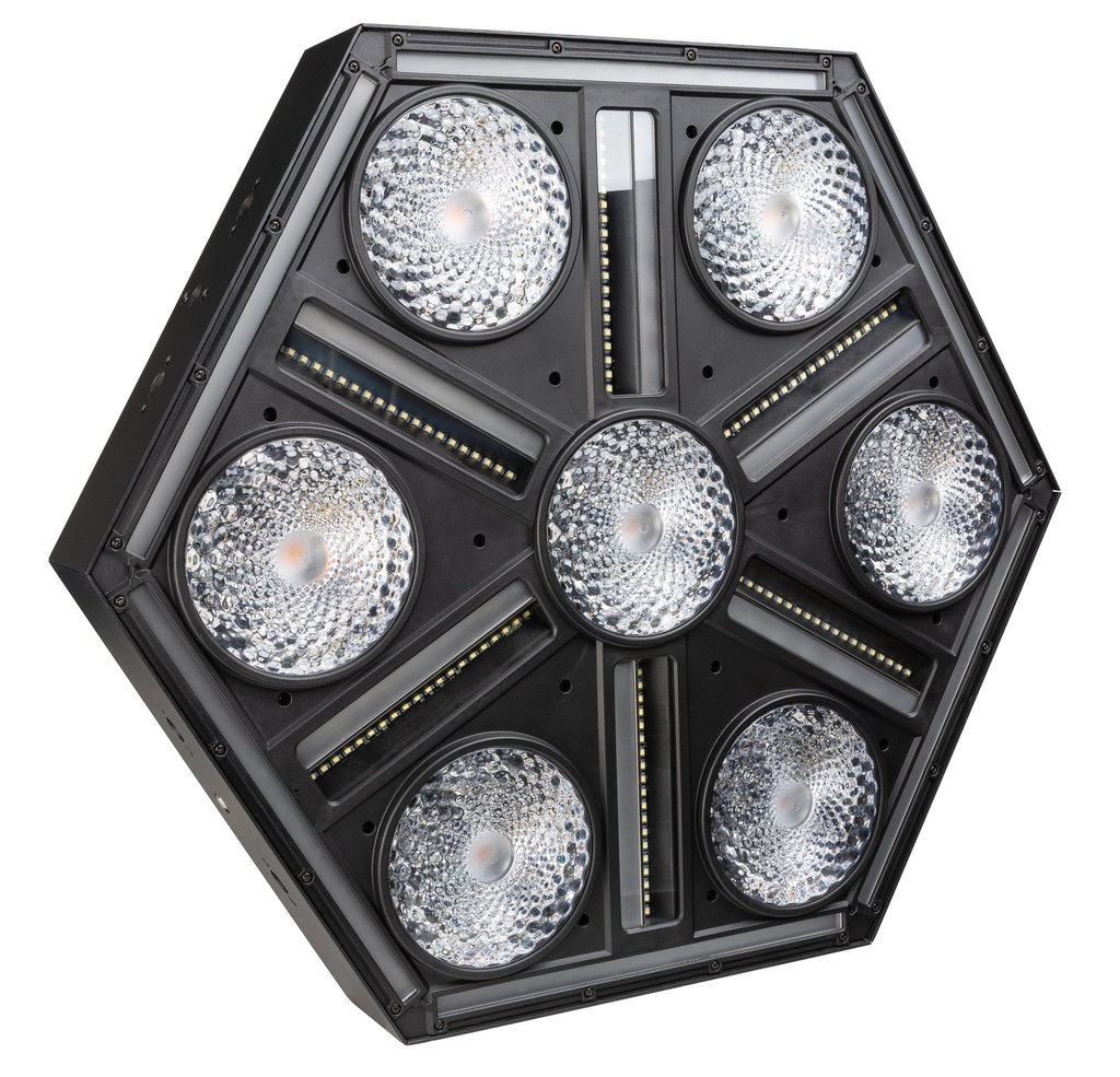 BRITEQ - BTX-SKYRAN - Impressive hexagonal eye candy multi effect fixture, combining powerful blinders with pixel-controlled strobe and RGB-lines to create amazing effects. Developed for use on concert stages, TV-studios,…