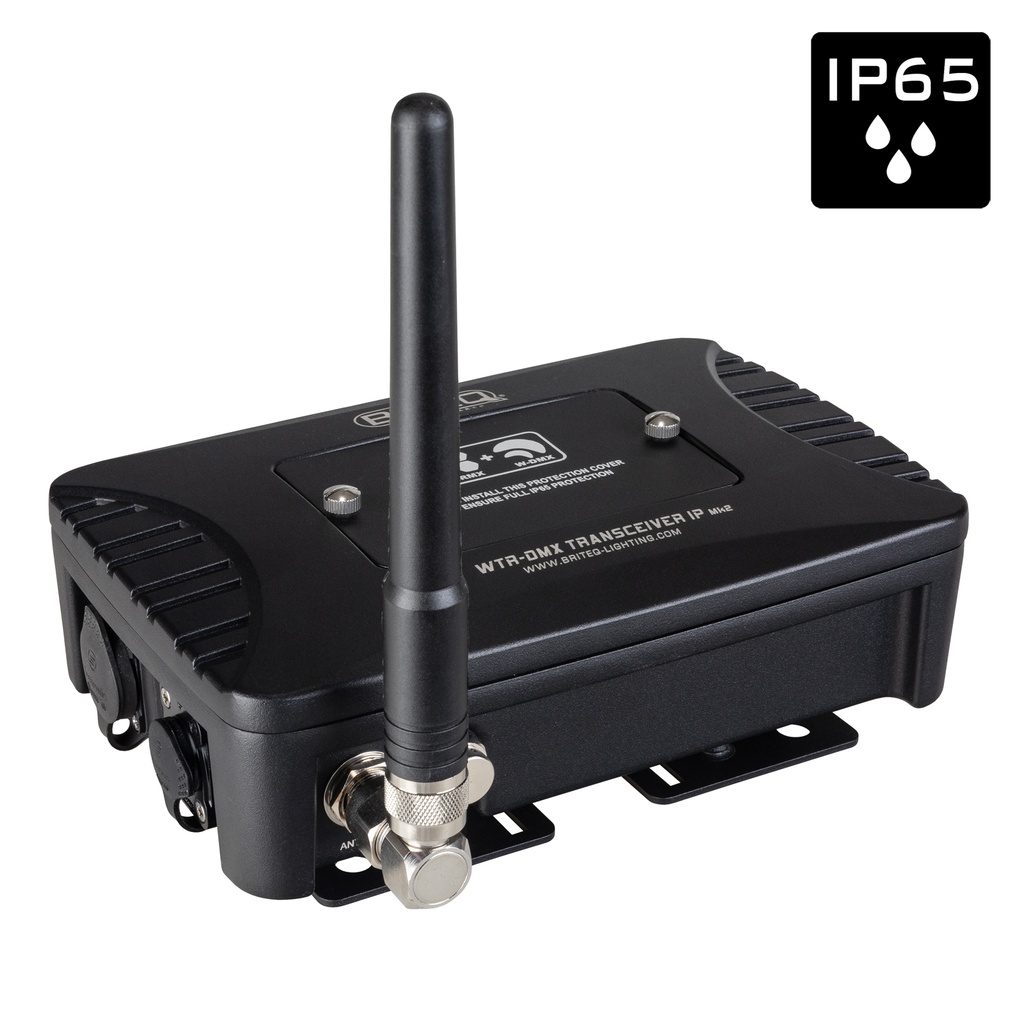 BRITEQ - WTR-DMX TRANSCEIVER IP Mk2 - Outdoor IP65 wireless DMX-transceiver (transmitter + receiver), compatible with both LumenRadio® and Wireless Solution®.  Robust enclosure for fixed install and stage applications.