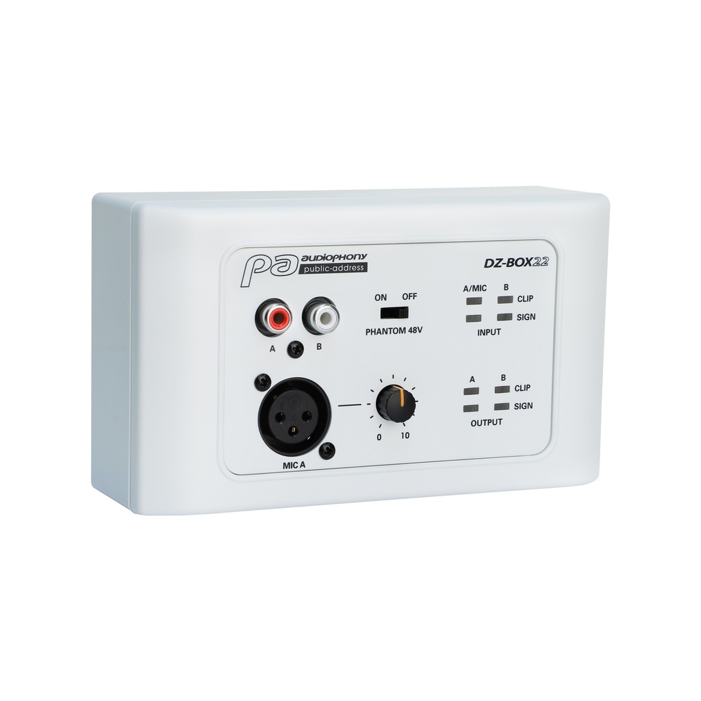 AUDIOPHONY PA - DZ-BOX22 - Microphone or line connection box for assignment to channels 9/10 or 11/12 of the DZ-MATRIX matrix.  Equipped with two balanced analog outputs.