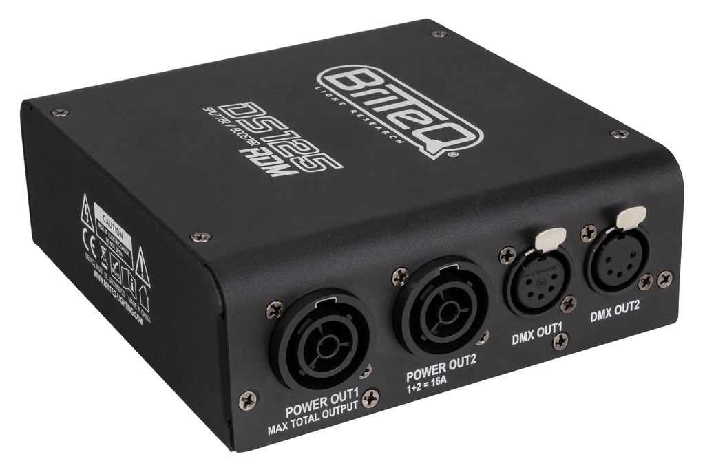 BRITEQ - DS125-RDM - RDM compatible DMX splitter: splits mains power and DMX input into 2 optically separate outputs. Compact and robust, equipped with PowerCON TRUE1 / XLR 5pin.