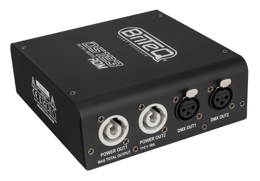 BRITEQ - DS123-RDM - RDM compatible DMX splitter: splits mains power and DMX input into 2 optically separate outputs. Compact and robust, equipped with PowerCON / XLR 3pin.