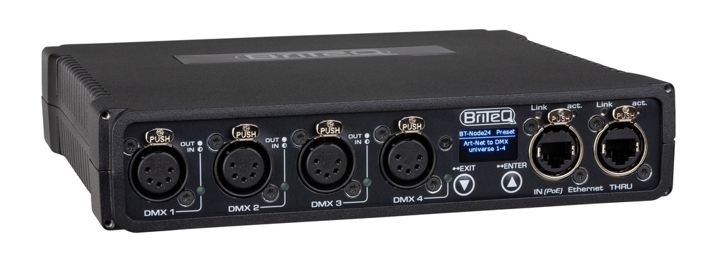 BRITEQ - BT-NODE24 Mk2 (5pin XLR) - High-speed ArtNet & sACN Node with 4 configurable DMX ports (XLR 5-pin), web interface and OLED display.  Compatible with DHCP, RDM and Gigabit Ethernet with PoE