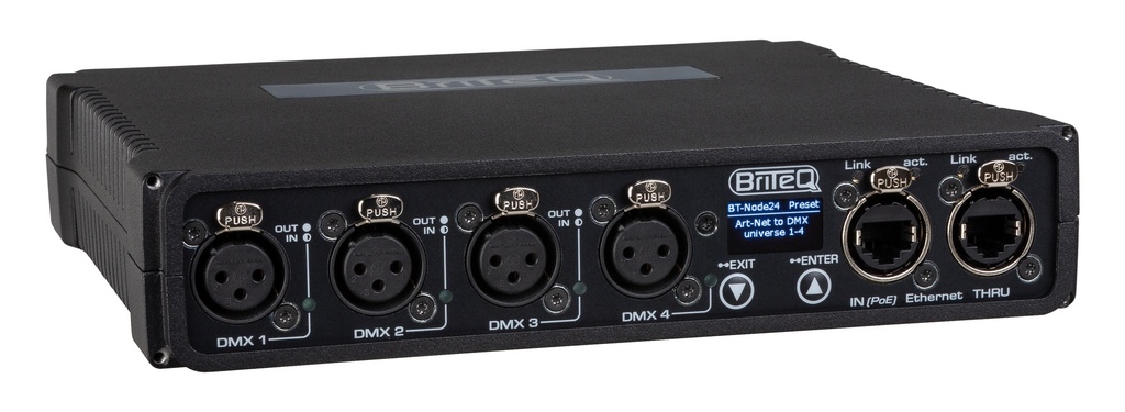 BRITEQ - BT-NODE24 Mk2 (3pin XLR) - High-speed ArtNet & sACN Node with 4 configurable DMX ports (XLR 3-pin), web interface and OLED display.  Compatible with DHCP, RDM and Gigabit Ethernet with PoE