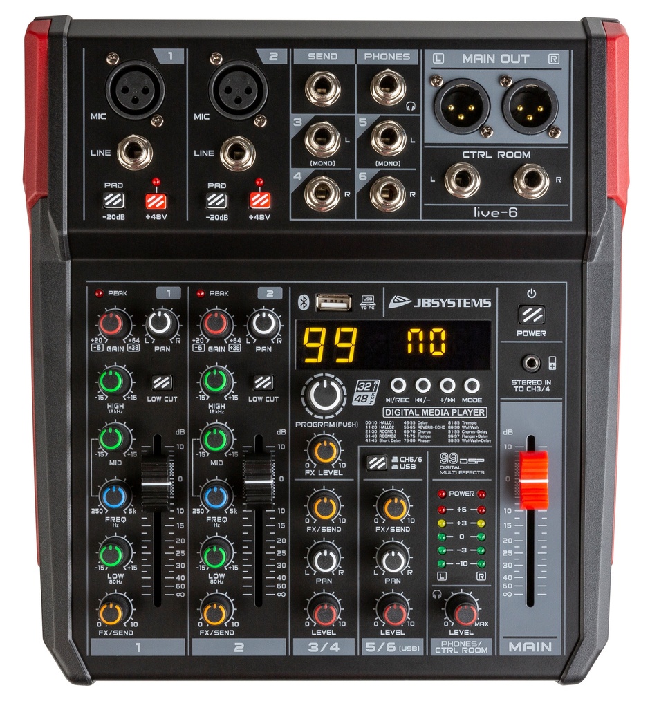 JB SYSTEMS - LIVE-6 - Versatile PA mixer in a handy compact format, 6 inputs / 4-channels