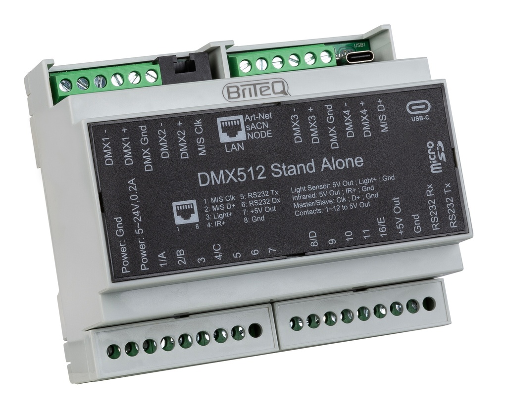BRITEQ - LD-1024DIN NET - 1024 Channel DMX interface & Multizone controller with Ethernet port for Local Area Network (LAN, WLAN) that can be easily mounted on a DIN Rail