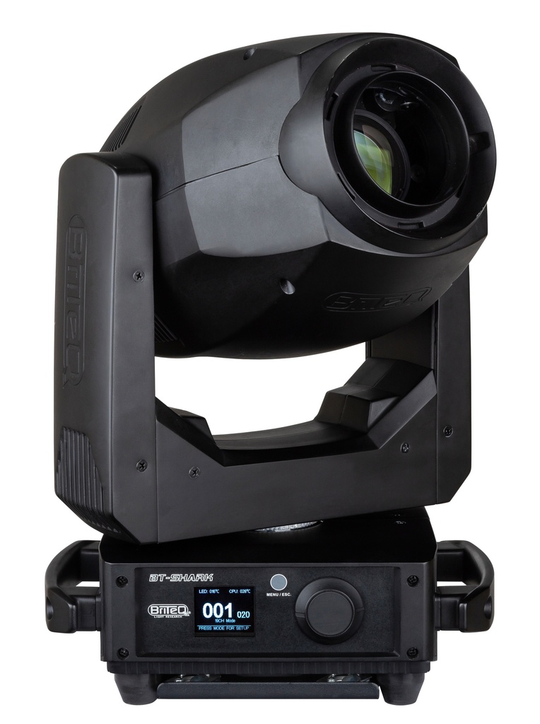 BRITEQ - BT-SHARK - Very compact but extremely bright 200W LED-moving head with motorized (auto) focus and zoom for clubs and rental! <br> W-DMX option available.