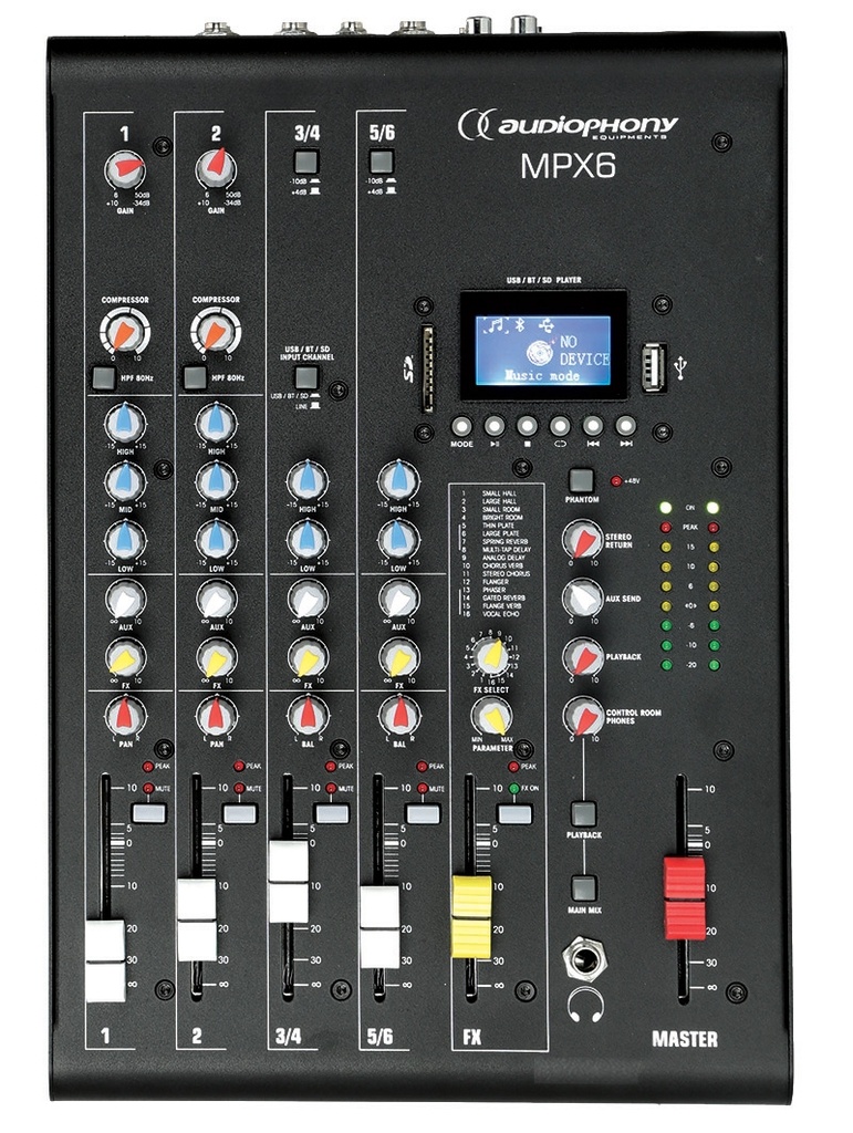 AUDIOPHONY - MPX6 - 6 channel mixer with compressor, effects and USB / SD / Bluetooth Player