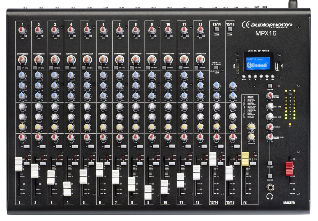 AUDIOPHONY - MPX16 - 16 channel mixer with compressor, effects and USB / SD / Bluetooth Player