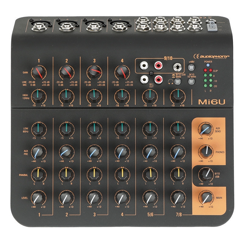 AUDIOPHONY - Mi6U - 6 channel mixer  4 microphones, 2 stereo, 1 aux and USB port