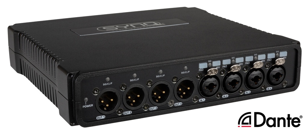 SYNQ - DBT-44 - Premium quality analog / DANTE® network audio bridge with AES67 support for touring applications with 4 analog inputs + outputs