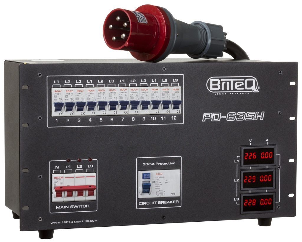 BRITEQ - PD-63SH/FRA-BEL - 3-phase power distributor with different outputs for maximum flexibility (rental companies!): 12x 16A mains outlet sockets + 2x 16PIN + 2x 19PIN industrial connectors.