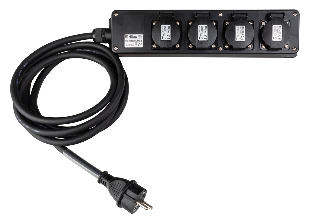 HILEC - MULTISOCKET4PRO-G-5M - Professional power distribution box with 4 covered sockets with flexible rubber cable and transparent heat shrink (7cm, not shrunk) for custom labels