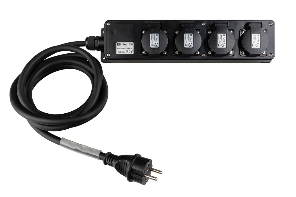 HILEC - MULTISOCKET4PRO-F-5M - Professional power distribution box with 4 covered sockets  with flexible rubber cable and transparent heat shrink for custom labels.