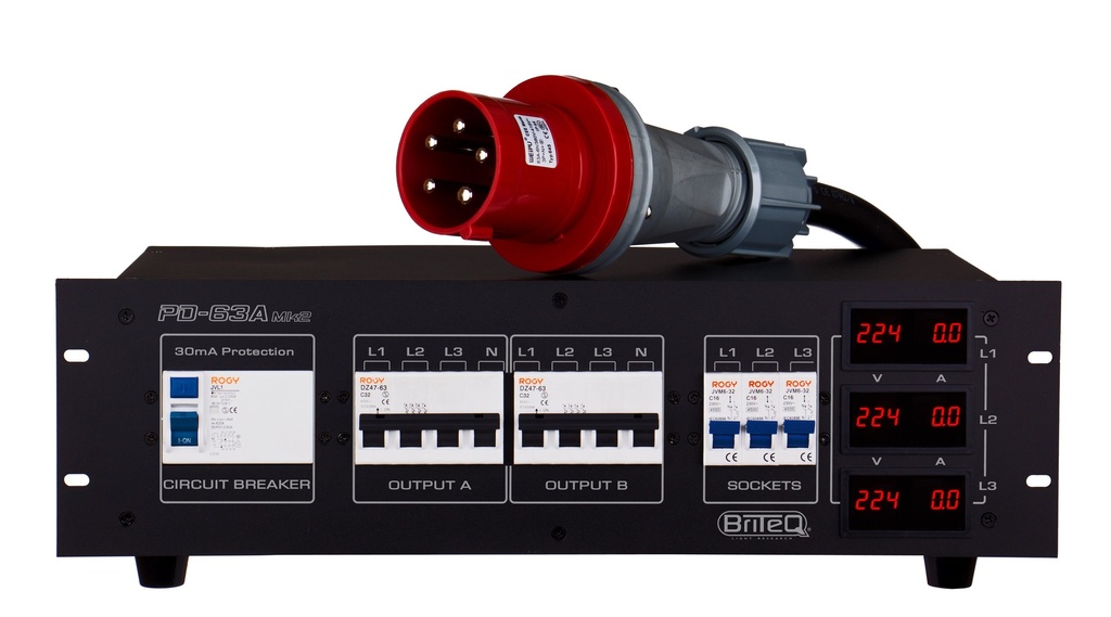 BRITEQ - PD-63A Mk2 / GER-NL - This 3-phase power distributor is designed to improve safety in both mobile, rental and fixed installations.