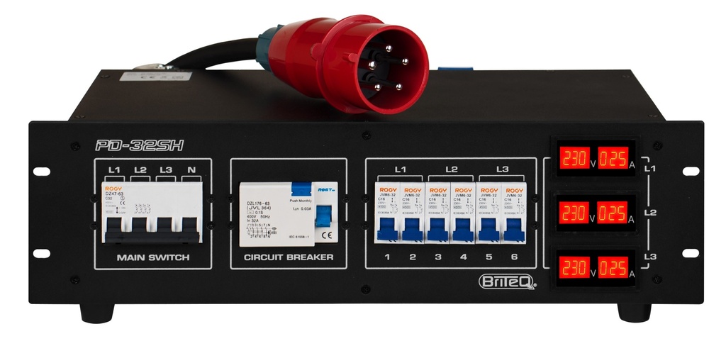 BRITEQ - PD-32SH/FRA-BEL - This 3-phase power distributor is designed to improve safety in both mobile, rental and fixed installations.