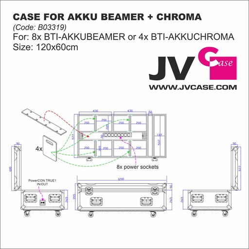 JV CASE - CASE FOR AKKU BEAMER+CHROMA - Stackable 120x60 cm flight case with castors and charging facility for transporting up to 8x BTI-AKKUBEAMER or 4x BTI-AKKUCHROMA