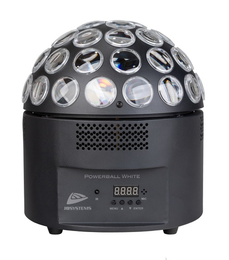JB SYSTEMS - POWERBALL WHITE - Powerful 200W LED alternative to the classic mirror ball with pin spots!
DMX controlled cold & warm white spinning beams.