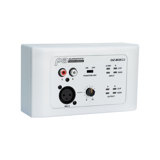AUDIOPHONY PA - DZ-BOX22 - Microphone or line connection box for assignment to channels 9/10 or 11/12 of the DZ-MATRIX matrix.  Equipped with two balanced analog outputs.