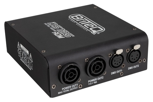 BRITEQ - DS125-RDM - RDM compatible DMX splitter: splits mains power and DMX input into 2 optically separate outputs. Compact and robust, equipped with PowerCON TRUE1 / XLR 5pin.