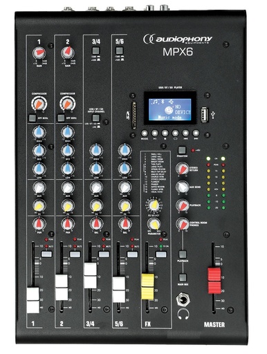 AUDIOPHONY - MPX6 - 6 channel mixer with compressor, effects and USB / SD / Bluetooth Player