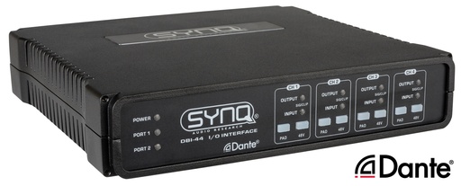 SYNQ - DBI-44 - Premium quality analog / DANTE® network audio bridge with AES67 support for fixed installation with 4 analog inputs + outputs and GPIO ports