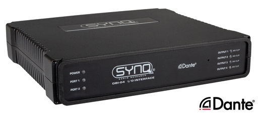 SYNQ - DBI-04 - Premium quality analog / DANTE® network audio bridge with AES67 support for fixed installation with 4 analog outputs and GPIO ports