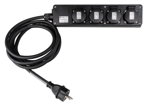 HILEC - MULTISOCKET4PRO-G-5M - Professional power distribution box with 4 covered sockets with flexible rubber cable and transparent heat shrink (7cm, not shrunk) for custom labels
