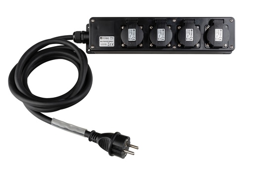 HILEC - MULTISOCKET4PRO-F-3M - Professional power distribution box with 4 covered sockets&nbsp; with flexible rubber cable and transparent heat shrink for custom labels.