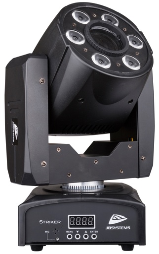 JB SYSTEMS - STRIKER - Compact LED moving spot (10°-30W-White) and wash (6 x 8W RGBW) for DJs and smaller clubs. 
Prepared for wireless DMX: just plug-in an optional WTR-DMX DONGLE !

