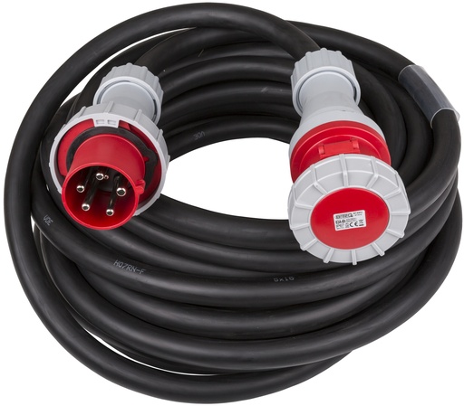 HILEC - CEE-CABLE-63A-5G16-20M - 5-pole CEE power extension cable with transparent heat shrink for custom labels.